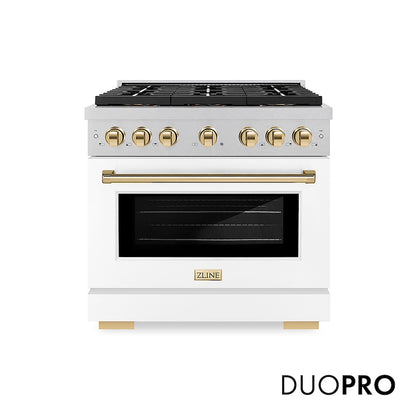 ZLINE Autograph Edition 36 in. 5.2 cu. ft. Paramount Dual Fuel Range with 6 Burner DuoPro™ Cooktop and Electric Convection Oven in Satin Stainless Steel with White Matte Door and Polished Gold Accents (PSDRSZ-WM-36-G) front, with DuoPro™ logo.