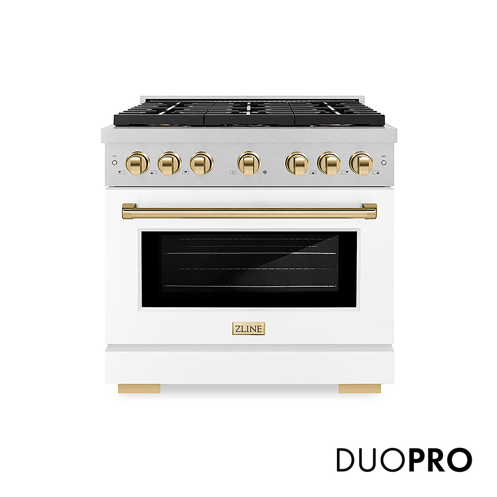 ZLINE Autograph Edition 36 in. 5.2 cu. ft. Paramount Dual Fuel Range with 6 Burner DuoPro™ Cooktop and Electric Convection Oven in Satin Stainless Steel with White Matte Door and Polished Gold Accents, Open Box-Great Condition main image.