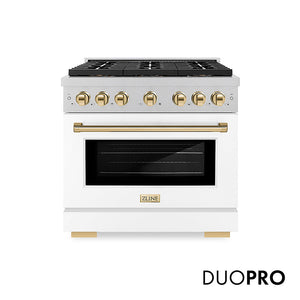 ZLINE Autograph Edition 36 in. 5.2 cu. ft. Paramount Dual Fuel Range with 6 Burner DuoPro™ Cooktop and Electric Convection Oven in Satin Stainless Steel with White Matte Door and Polished Gold Accents, Open Box-Great Condition main image.