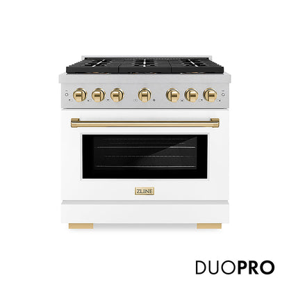 ZLINE Autograph Edition 36 in. 5.2 cu. ft. Paramount Dual Fuel Range with 6 Burner DuoPro™ Cooktop and Electric Convection Oven in Satin Stainless Steel with White Matte Door and Polished Gold Accents, Open Box-Great Condition
