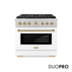 ZLINE Autograph Edition 36 in. 5.2 cu. ft. Paramount Dual Fuel Range with 6 Burner DuoPro™ Cooktop and Electric Convection Oven in Satin Stainless Steel with White Matte Door and Polished Gold Accents, Open Box-Good Condition