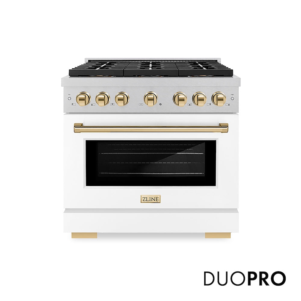 ZLINE Autograph Edition 36 in. 5.2 cu. ft. Paramount Dual Fuel Range with 6 Burner DuoPro™ Cooktop and Electric Convection Oven in Satin Stainless Steel with White Matte Door and Polished Gold Accents, Open Box-Good Condition