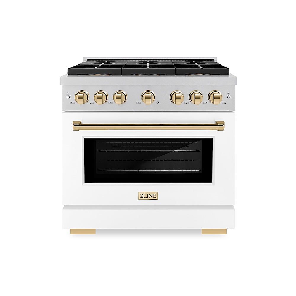 ZLINE Autograph Edition 36 in. 5.2 cu. ft. Paramount Dual Fuel Range with 6 Burner DuoPro™ Cooktop and Electric Convection Oven in Satin Stainless Steel with White Matte Door and Polished Gold Accents (PSDRSZ-WM-36-G) front.