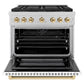 ZLINE Autograph Edition 36 in. 5.2 cu. ft. Paramount Dual Fuel Range with 6 Burner DuoPro™ Cooktop and Electric Convection Oven in Satin Stainless Steel with White Matte Door and Polished Gold Accents (PSDRSZ-WM-36-G) front, oven open.