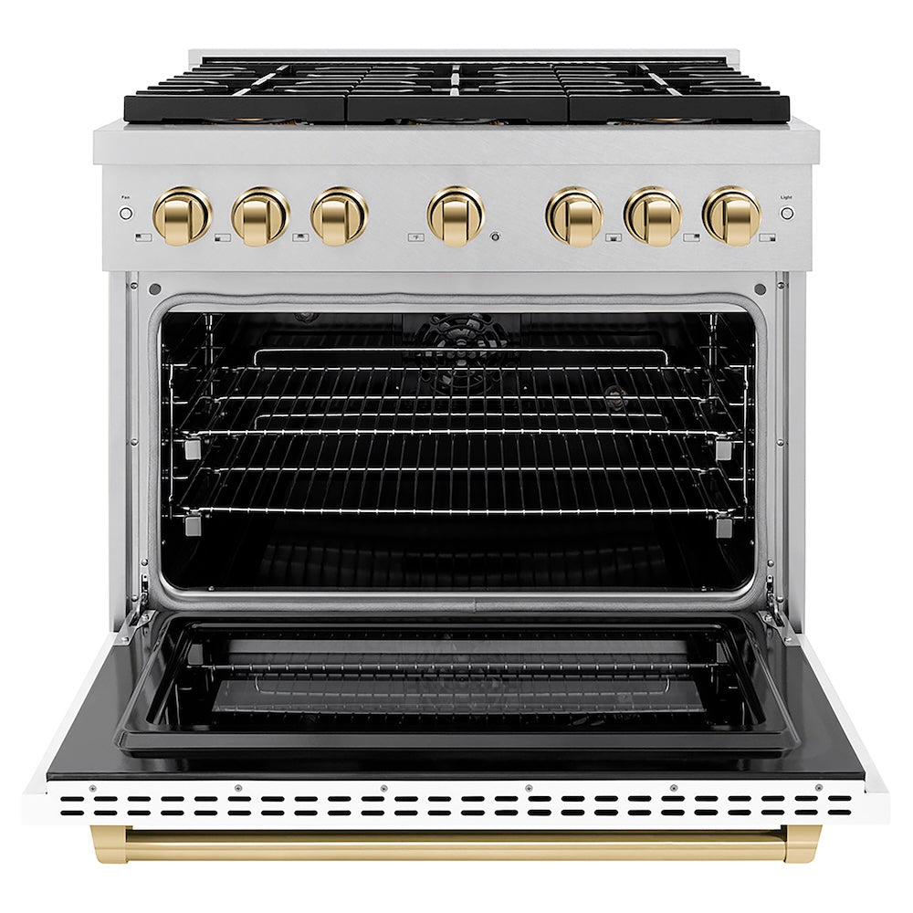 ZLINE Autograph Edition 36 in. 5.2 cu. ft. Paramount Dual Fuel Range with 6 Burner DuoPro™ Cooktop and Electric Convection Oven in Satin Stainless Steel with White Matte Door and Polished Gold Accents, Open Box-Good Condition