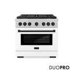 ZLINE Autograph Edition 36 in. 5.2 cu. ft. Paramount Dual Fuel Range with 6 Burner DuoPro™ Cooktop and Electric Convection Oven in Satin Stainless Steel with White Matte Door and Matte Black Accents (PSDRSZ-WM-36-MB) front, with DuoPro™ logo.