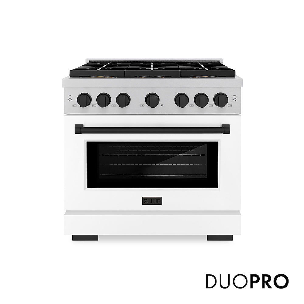 ZLINE Autograph Edition 36 in. 5.2 cu. ft. Paramount Dual Fuel Range with 6 Burner DuoPro™ Cooktop and Electric Convection Oven in Satin Stainless Steel with White Matte Door and Matte Black Accents (PSDRSZ-WM-36-MB) front, with DuoPro™ logo.