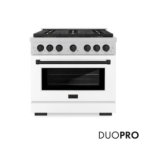 ZLINE Autograph Edition 36 in. 5.2 cu. ft. Paramount Dual Fuel Range with 6 Burner DuoPro™ Cooktop and Electric Convection Oven in Satin Stainless Steel with White Matte Door and Matte Black Accents (PSDRSZ-WM-36-MB) main image.