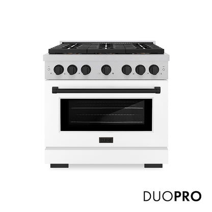 ZLINE Autograph Edition 36 in. 5.2 cu. ft. Paramount Dual Fuel Range with 6 Burner DuoPro™ Cooktop and Electric Convection Oven in Satin Stainless Steel with White Matte Door and Matte Black Accents (PSDRSZ-WM-36-MB) front, with DuoPro™ logo.