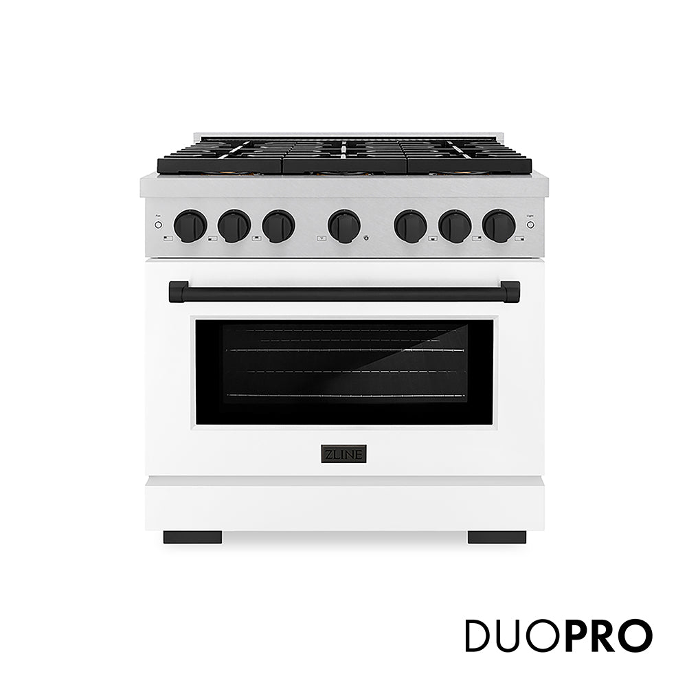 ZLINE Autograph Edition 36 in. 5.2 cu. ft. Paramount Dual Fuel Range with 6 Burner DuoPro™ Cooktop and Electric Convection Oven in Satin Stainless Steel with White Matte Door and Matte Black Accents, Open Box-Great Condition main image.