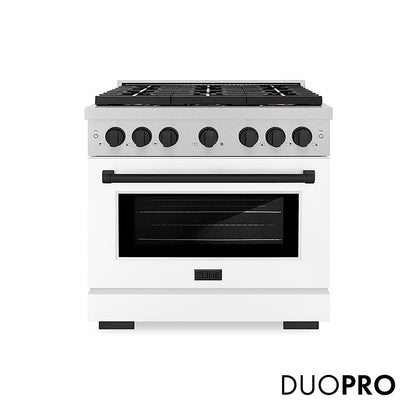 ZLINE Autograph Edition 36 in. 5.2 cu. ft. Paramount Dual Fuel Range with 6 Burner DuoPro™ Cooktop and Electric Convection Oven in Satin Stainless Steel with White Matte Door and Matte Black Accents, Open Box-Great Condition