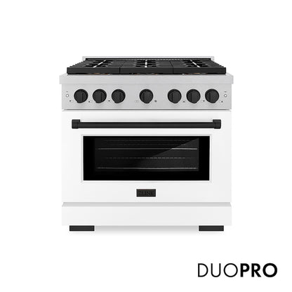 ZLINE Autograph Edition 36 in. 5.2 cu. ft. Paramount Dual Fuel Range with 6 Burner DuoPro™ Cooktop and Electric Convection Oven in Satin Stainless Steel with White Matte Door and Matte Black Accents, Open Box-Good Condition