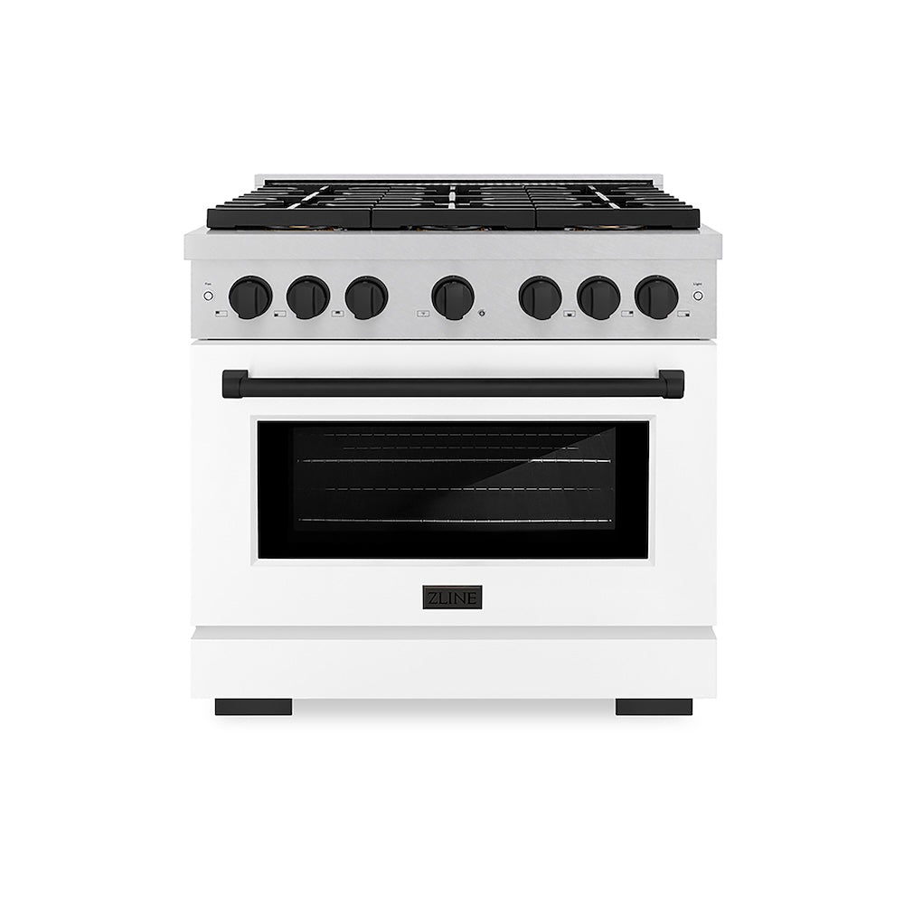 ZLINE Autograph Edition 36 in. 5.2 cu. ft. Paramount Dual Fuel Range with 6 Burner DuoPro™ Cooktop and Electric Convection Oven in Satin Stainless Steel with White Matte Door and Matte Black Accents, Open Box-Good Condition