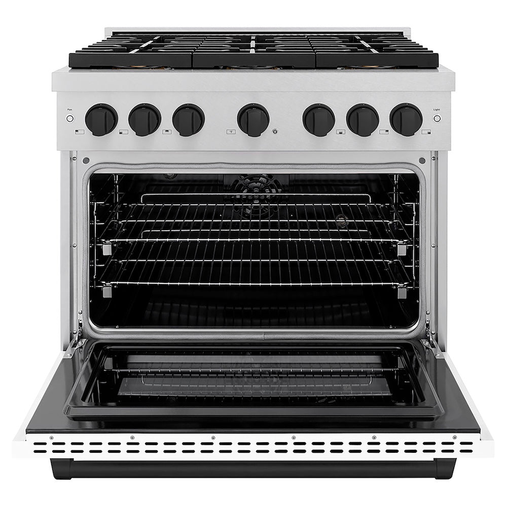 ZLINE Autograph Edition 36 in. 5.2 cu. ft. Paramount Dual Fuel Range with 6 Burner DuoPro™ Cooktop and Electric Convection Oven in Satin Stainless Steel with White Matte Door and Matte Black Accents, Open Box-Good Condition