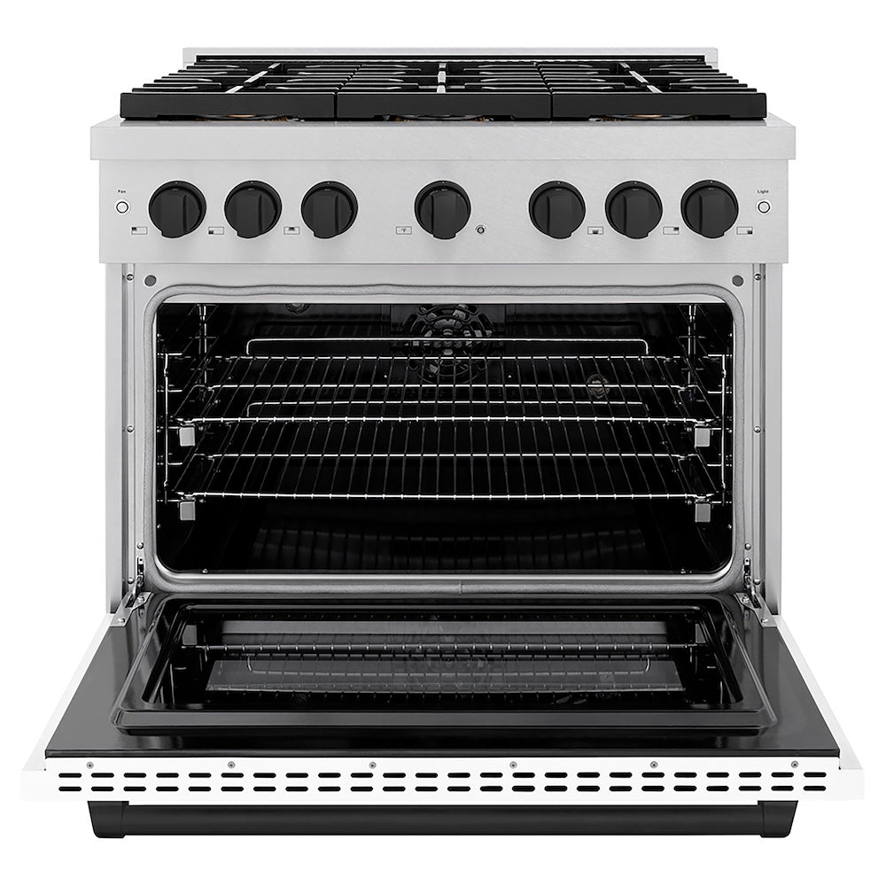 ZLINE Autograph Edition 36 in. 5.2 cu. ft. Paramount Dual Fuel Range with 6 Burner DuoPro™ Cooktop and Electric Convection Oven in Satin Stainless Steel with White Matte Door and Matte Black Accents (PSDRSZ-WM-36-MB) front, oven open.