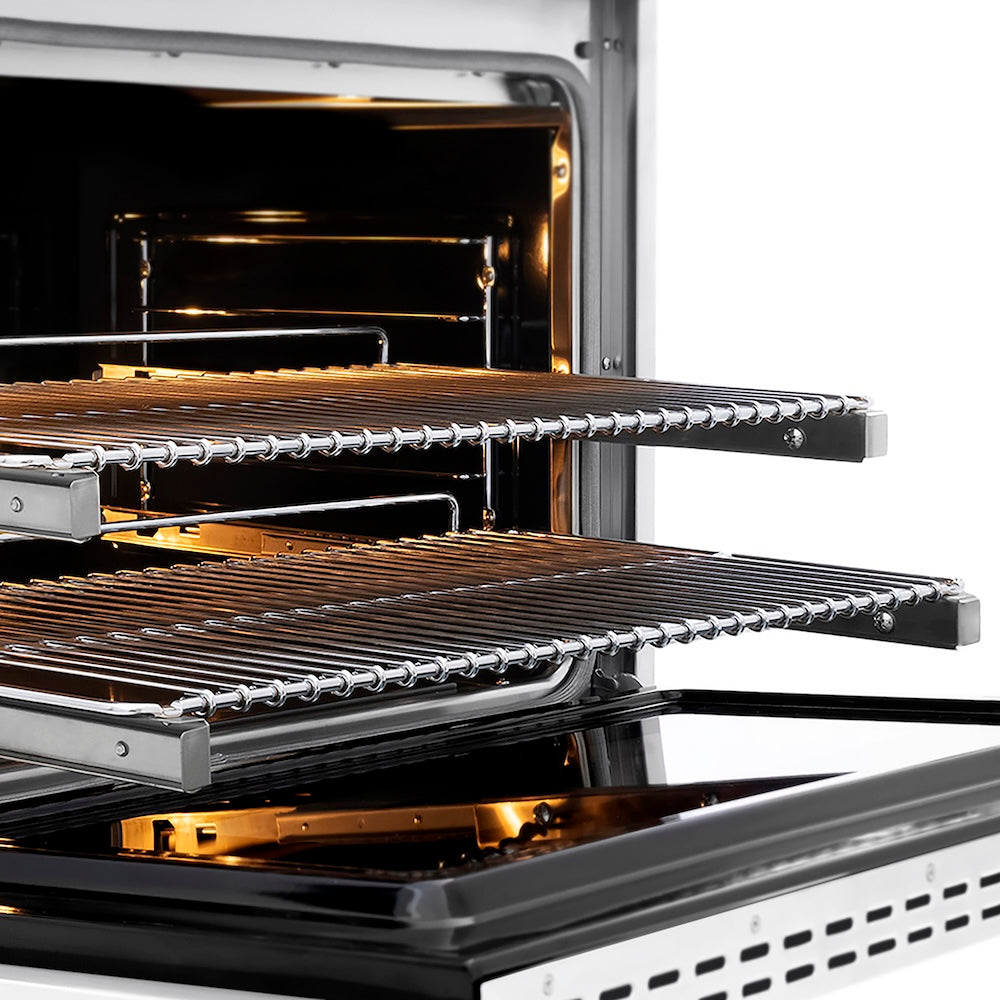 ZLINE Autograph Edition 36 in. 5.2 cu. ft. Paramount Dual Fuel Range with 6 Burner DuoPro™ Cooktop and Electric Convection Oven in Satin Stainless Steel with White Matte Door and Matte Black Accents (PSDRSZ-WM-36-MB) side, oven open showing racks extended.