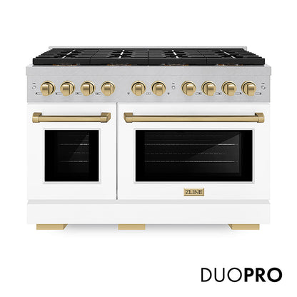 ZLINE Autograph Edition 48 in. 6.7 cu. ft. Paramount Dual Fuel Range with 8 Burner DuoPro™ Cooktop and Dual Ovens in Satin Stainless Steel with White Matte Doors and Champagne Bronze Accents, Open Box-Great Condition