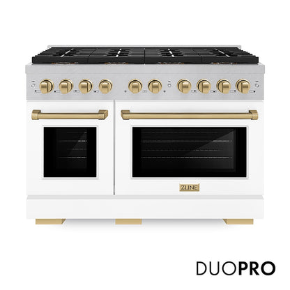 ZLINE Autograph Edition 48 in. 6.7 cu. ft. Paramount Dual Fuel Range with 8 Burner DuoPro™ Cooktop and Dual Ovens in Satin Stainless Steel with White Matte Doors and Champagne Bronze Accents, Open Box-Good Condition