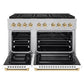 ZLINE Autograph Edition 48 in. 6.7 cu. ft. Paramount Dual Fuel Range with 8 Burner DuoPro™ Cooktop and Dual Ovens in Satin Stainless Steel with White Matte Doors and Polished Gold Accents (PSDRSZ-WM-48-G) front, oven open.