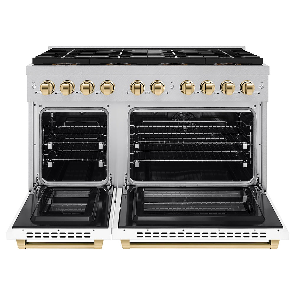 ZLINE Autograph Edition 48 in. 6.7 cu. ft. Paramount Dual Fuel Range with 8 Burner DuoPro™ Cooktop and Dual Ovens in Satin Stainless Steel with White Matte Doors and Polished Gold Accents (PSDRSZ-WM-48-G) front, oven open.