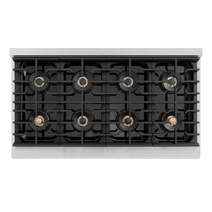 ZLINE Autograph Edition 48 in. 6.7 cu. ft. Paramount Dual Fuel Range with 8 Burner DuoPro™ Cooktop and Dual Ovens in Satin Stainless Steel with White Matte Doors and Polished Gold Accents (PSDRSZ-WM-48-G) top-down, above cooktop.