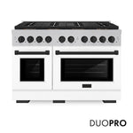 ZLINE Autograph Edition 48 in. 6.7 cu. ft. Paramount Dual Fuel Range with 8 Burner DuoPro™ Cooktop and Dual Ovens in Satin Stainless Steel with White Matte Doors and Matte Black Accents (PSDRSZ-WM-48-MB) main image.