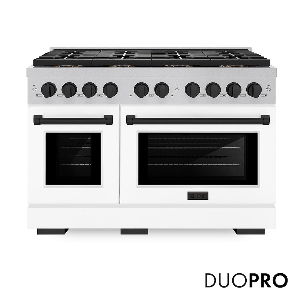 ZLINE Autograph Edition 48 in. 6.7 cu. ft. Paramount Dual Fuel Range with 8 Burner DuoPro™ Cooktop and Dual Ovens in Satin Stainless Steel with White Matte Doors and Matte Black Accents (PSDRSZ-WM-48-MB) main image.