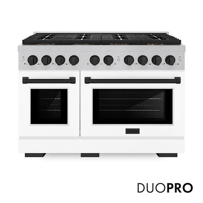 ZLINE Autograph Edition 48 in. 6.7 cu. ft. Paramount Dual Fuel Range with 8 Burner DuoPro™ Cooktop and Dual Ovens in Satin Stainless Steel with White Matte Doors and Matte Black Accents (PSDRSZ-WM-48-MB) main image.