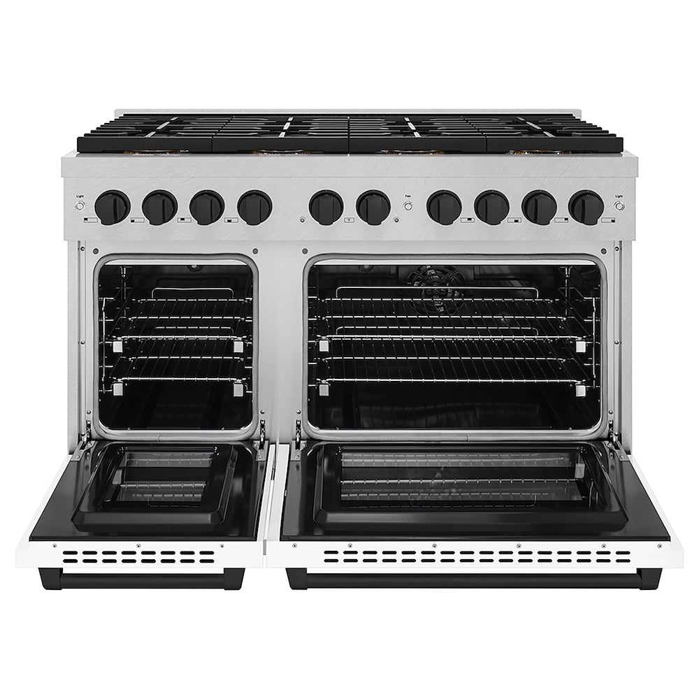 ZLINE Autograph Edition 48 in. 6.7 cu. ft. Paramount Dual Fuel Range with 8 Burner DuoPro™ Cooktop and Dual Ovens in Satin Stainless Steel with White Matte Doors and Matte Black Accents (PSDRSZ-WM-48-MB) front, oven open.