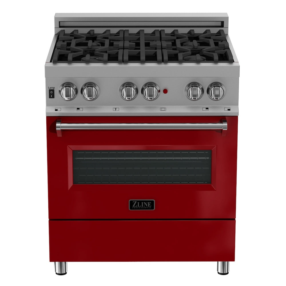 ZLINE 36 in. 4.6 cu. ft. Legacy Dual Fuel Range with 6 Burner Gas Cooktop and Electric Convection Oven in Satin Stainless Steel and Red Gloss Door (RAS-RG-36) front.