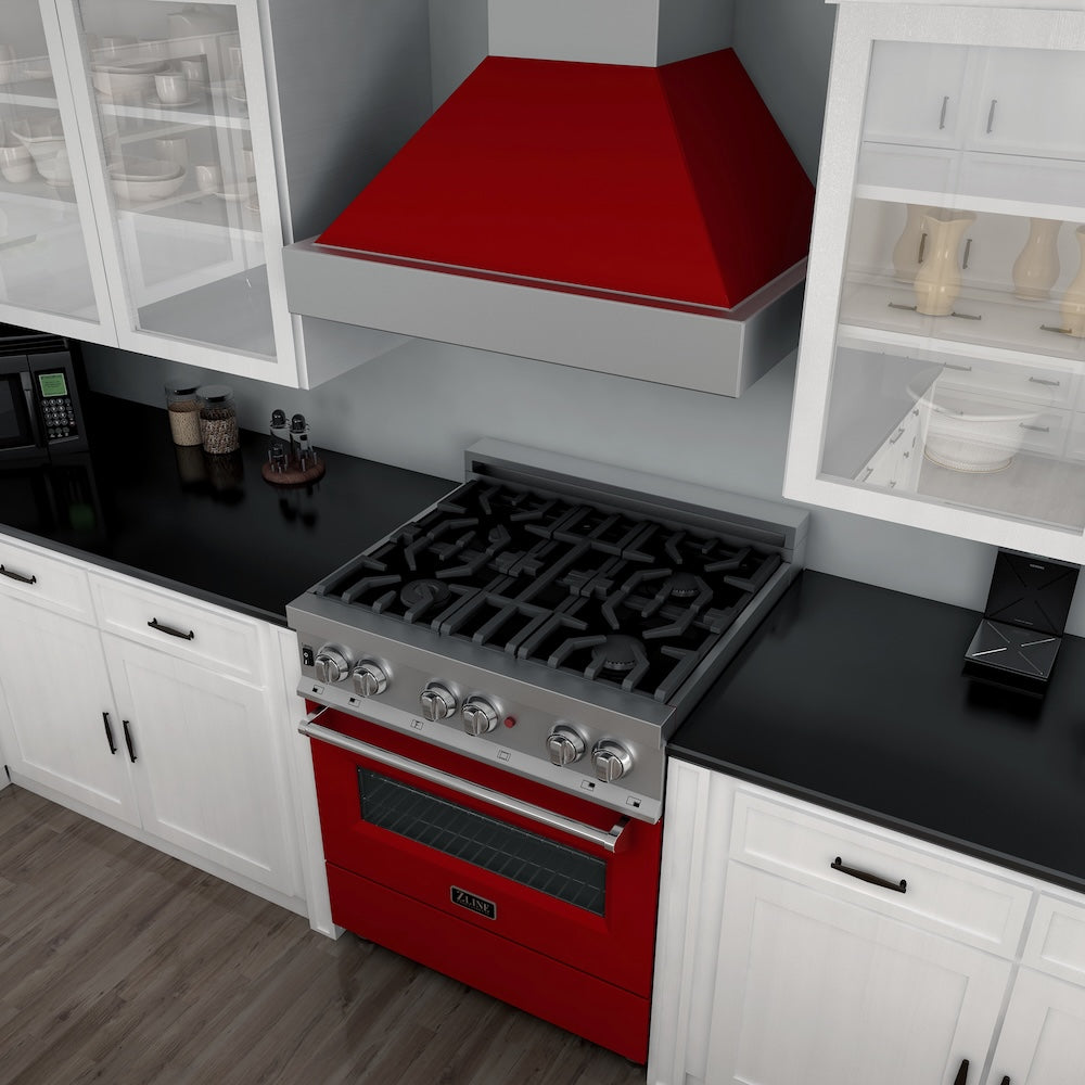 ZLINE 36 in. 4.6 cu. ft. Legacy Dual Fuel Range with 6 Burner Gas Cooktop and Electric Convection Oven in Satin Stainless Steel and Red Gloss Door (RAS-RG-36)