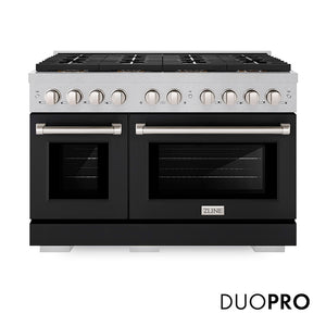 ZLINE 48 in. 6.7 cu. ft. Paramount Dual Fuel Range with 8 Burner DuoPro™ Cooktop and Dual Ovens in Satin Stainless Steel with Black Matte Doors (PSDRS-BLM-48) main image.