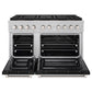 ZLINE 48 in. 6.7 cu. ft. Paramount Dual Fuel Range with 8 Burner DuoPro™ Cooktop and Dual Ovens in Satin Stainless Steel with Black Matte Doors (PSDRS-BLM-48) front, oven open.