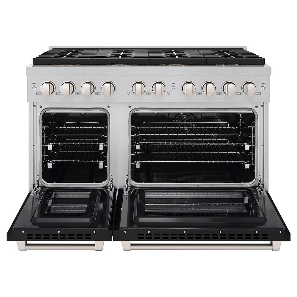 ZLINE 48 in. 6.7 cu. ft. Paramount Dual Fuel Range with 8 Burner DuoPro™ Cooktop and Dual Ovens in Satin Stainless Steel with Black Matte Doors (PSDRS-BLM-48) front, oven open.