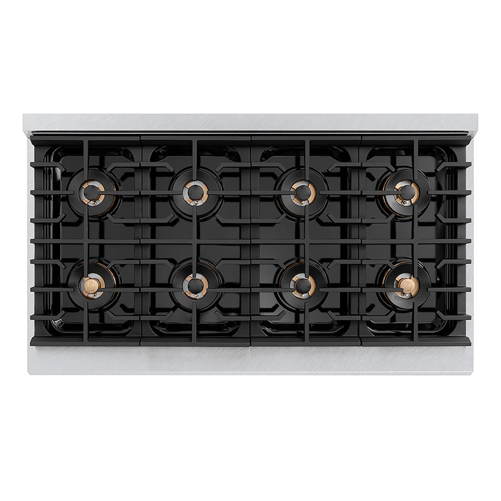 ZLINE 48 in. 6.7 cu. ft. Paramount Dual Fuel Range with 8 Burner DuoPro™ Cooktop and Dual Ovens in Satin Stainless Steel with Black Matte Doors (PSDRS-BLM-48) top-down, above cooktop.