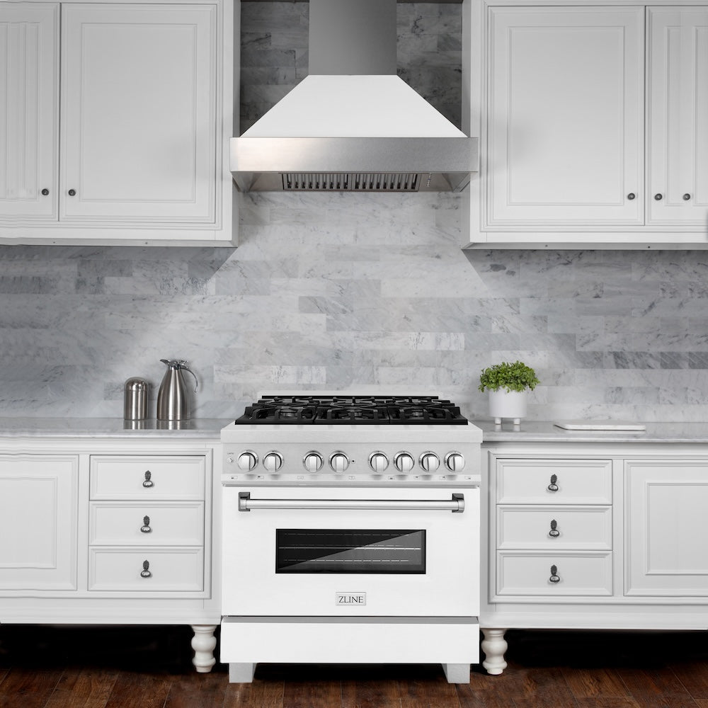 ZLINE 36 in. 4.6 cu. ft. Legacy Dual Fuel Range with 6 Burner Gas Cooktop and Electric Convection Oven in Satin Stainless Steel and White Matte Door (RAS-WM-36)