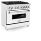 ZLINE 36 in. 4.6 cu. ft. Legacy Dual Fuel Range with 6 Burner Gas Cooktop and Electric Convection Oven in Satin Stainless Steel and White Matte Door (RAS-WM-36) side.