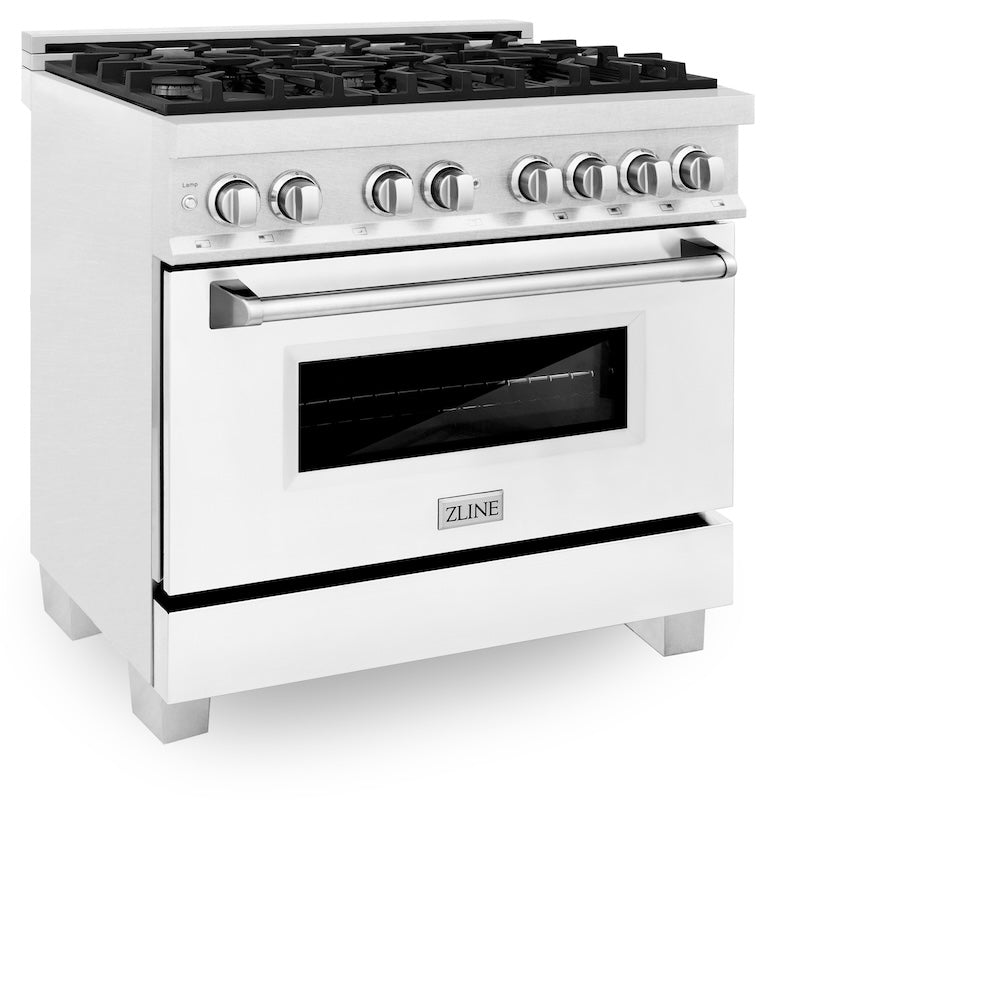 ZLINE 36 in. 4.6 cu. ft. Legacy Dual Fuel Range with 6 Burner Gas Cooktop and Electric Convection Oven in Satin Stainless Steel and White Matte Door (RAS-WM-36) side.