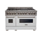 ZLINE 48 in. 6.0 cu. ft. Legacy Dual Fuel Range with 7 Burner Gas Cooktop and 2 Electric Ovens in Satin Stainless Steel and White Matte Doors (RAS-WM-48) front.