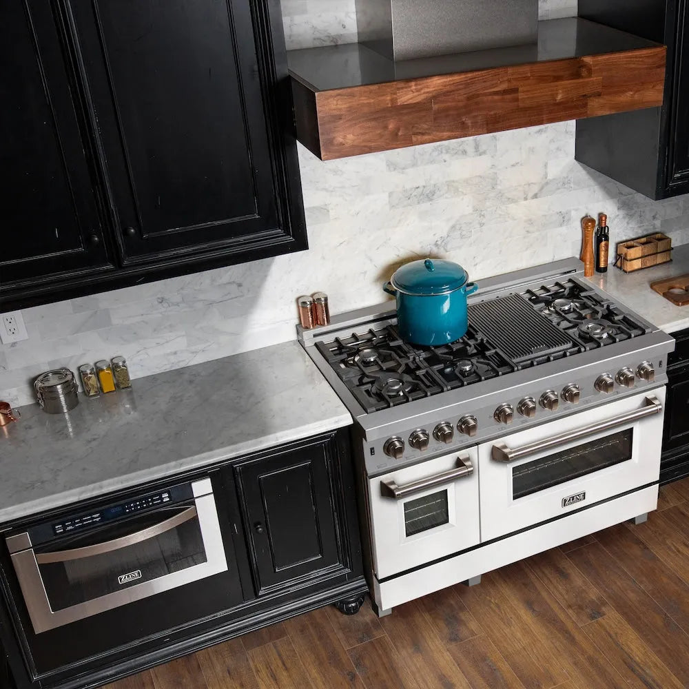 ZLINE 48 in. 6.0 cu. ft. Legacy Dual Fuel Range with 7 Burner Gas Cooktop and 2 Electric Ovens in Satin Stainless Steel and White Matte Doors (RAS-WM-48)