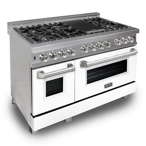 ZLINE 48 in. 6.0 cu. ft. Legacy Dual Fuel Range with 7 Burner Gas Cooktop and 2 Electric Ovens in Satin Stainless Steel and White Matte Doors (RAS-WM-48) main image.