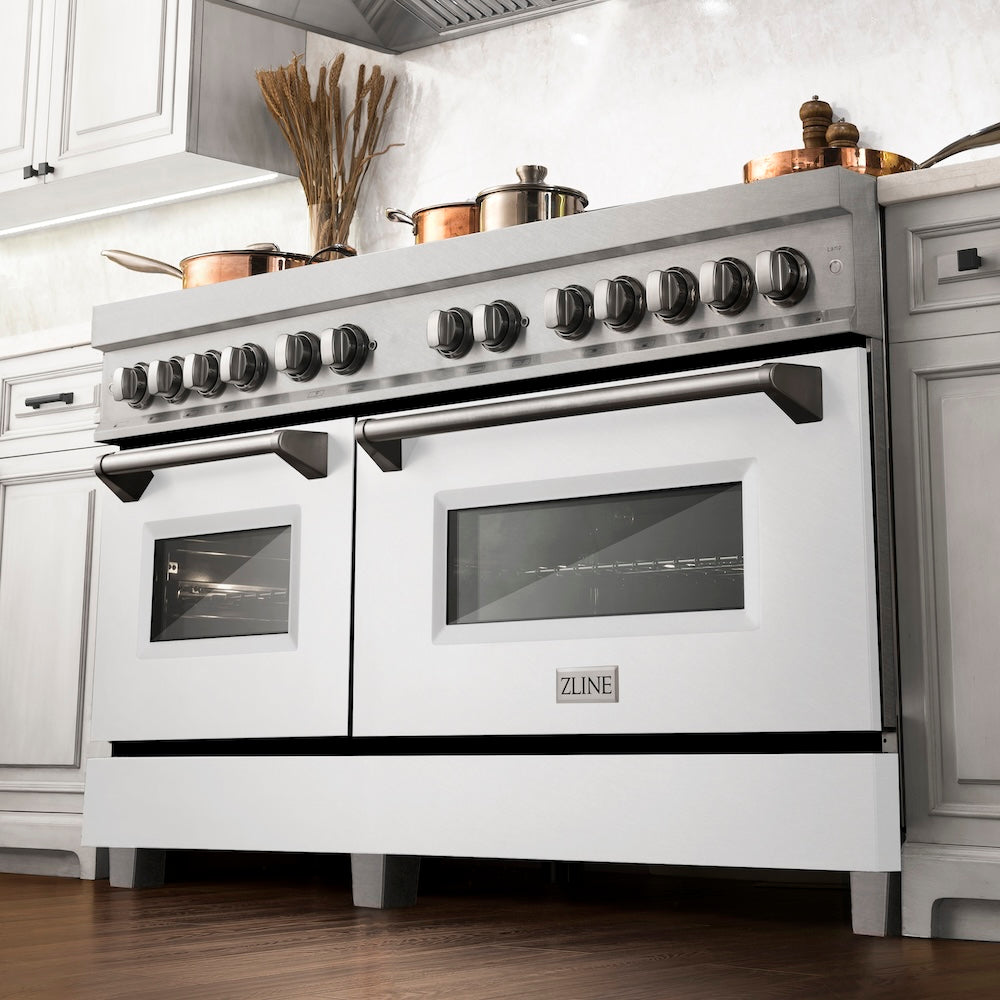 ZLINE 60 in. 7.4 cu. ft. Legacy Dual Fuel Range with 9 Burner Gas Cooktop and 2 Electric Convection Ovens in Satin Stainless Steel and White Matte Doors (RAS-WM-60)