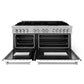 ZLINE 60 in. 7.4 cu. ft. Legacy Dual Fuel Range with 9 Burner Gas Cooktop and 2 Electric Convection Ovens in Satin Stainless Steel and White Matte Doors (RAS-WM-60) front, oven open.