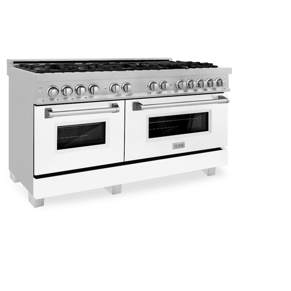 ZLINE 60 in. 7.4 cu. ft. Legacy Dual Fuel Range with 9 Burner Gas Cooktop and 2 Electric Convection Ovens in Satin Stainless Steel and White Matte Doors (RAS-WM-60) side.