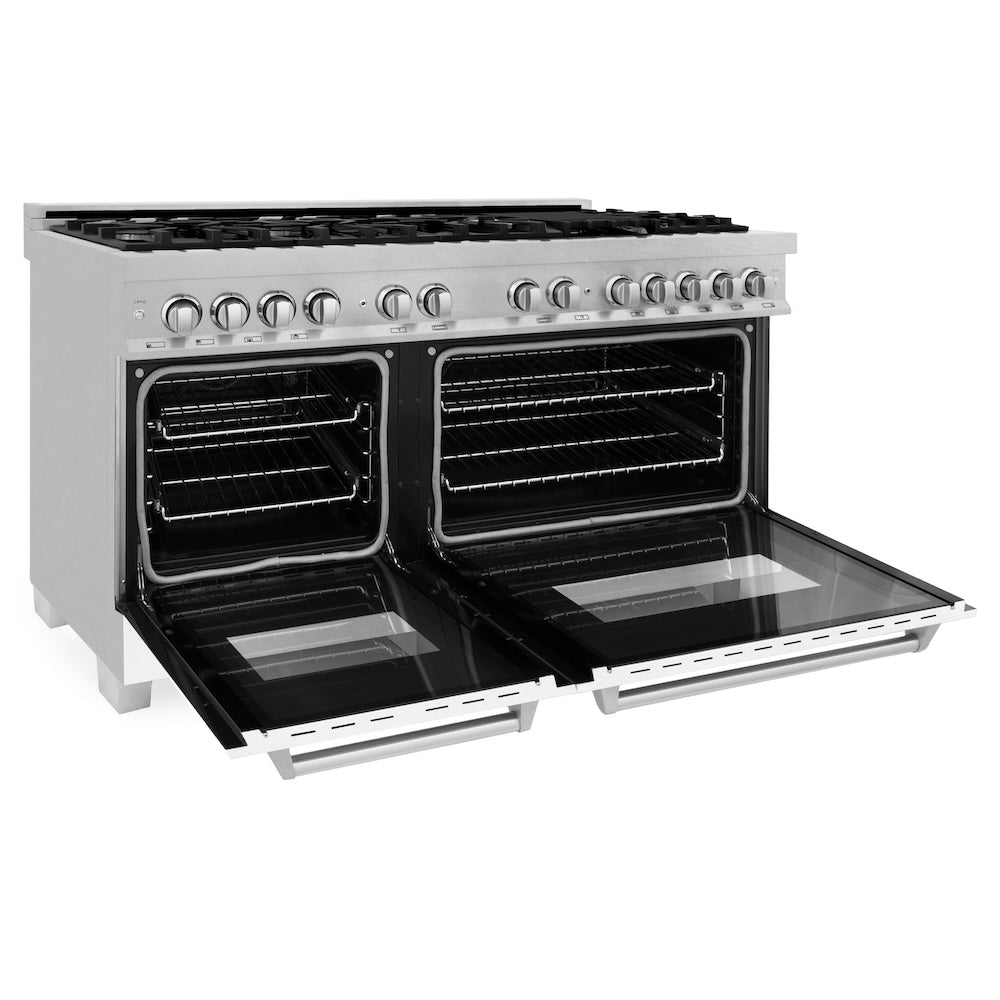 ZLINE 60 in. 7.4 cu. ft. Legacy Dual Fuel Range with 9 Burner Gas Cooktop and 2 Electric Convection Ovens in Satin Stainless Steel and White Matte Doors (RAS-WM-60)