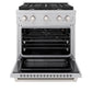 ZLINE 30 in. 4.2 cu. ft. Paramount Gas Range with 4 Burner Cooktop and Convection Gas Oven in Satin Stainless Steel (SGRS-30) front, oven open.