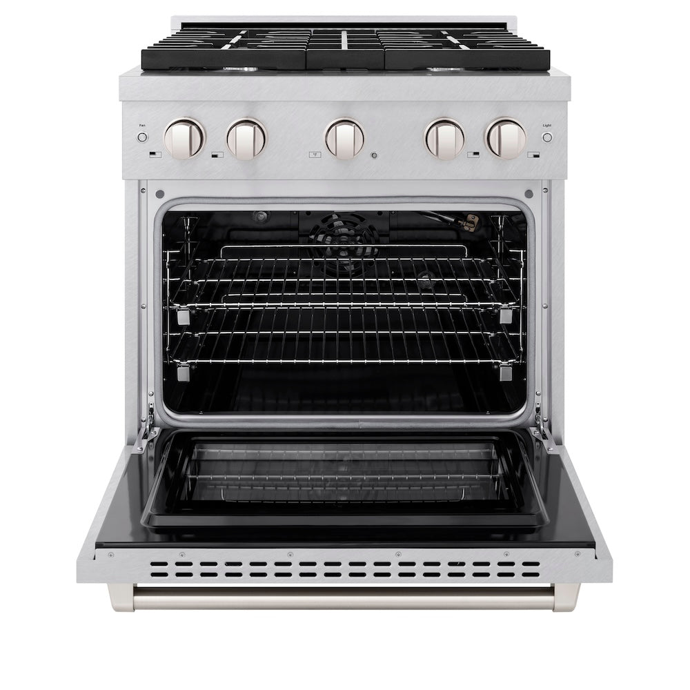 ZLINE 30 in. 4.2 cu. ft. Paramount Gas Range with 4 Burner Cooktop and Convection Gas Oven in Satin Stainless Steel (SGRS-30) front, oven open.