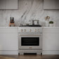 ZLINE 30 in. 4.2 cu. ft. Paramount Gas Range with 4 Burner Cooktop and Convection Gas Oven in Satin Stainless Steel (SGRS-30) in a modern kitchen with stainless steel cookware and marble backsplash, front.