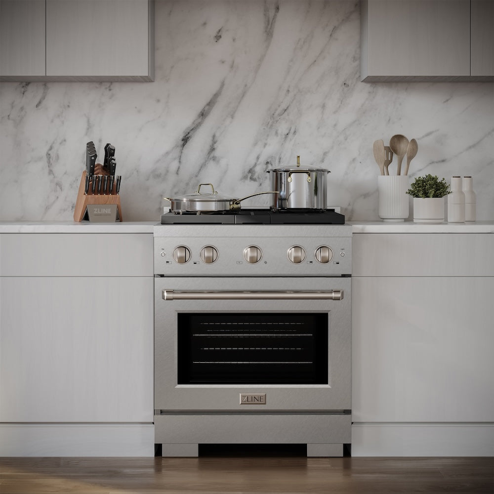ZLINE 30 in. 4.2 cu. ft. Paramount Gas Range with 4 Burner Cooktop and Convection Gas Oven in Satin Stainless Steel (SGRS-30) in a modern kitchen with stainless steel cookware and marble backsplash, front.