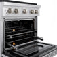 ZLINE 30 in. 4.2 cu. ft. Paramount Gas Range with 4 Burner Cooktop and Convection Gas Oven in Satin Stainless Steel (SGRS-30) close-up, open oven with racks extended, showing interior components.